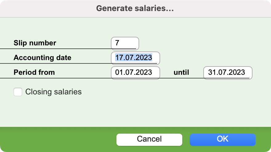 Dialog for generating salaries