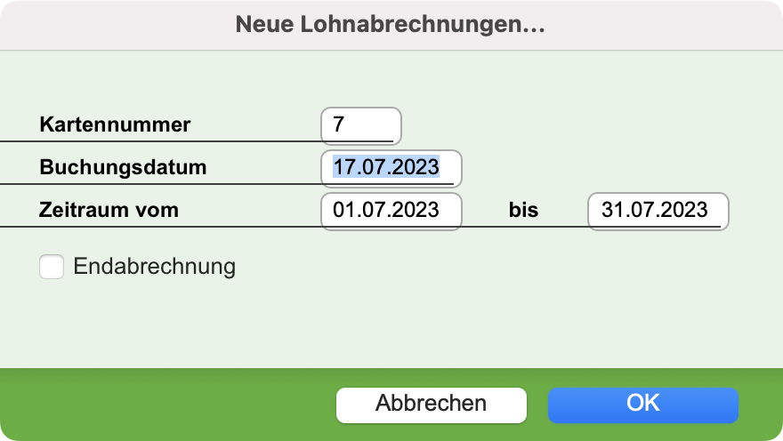 Dialog für die Generation der Lohnabrechnungen